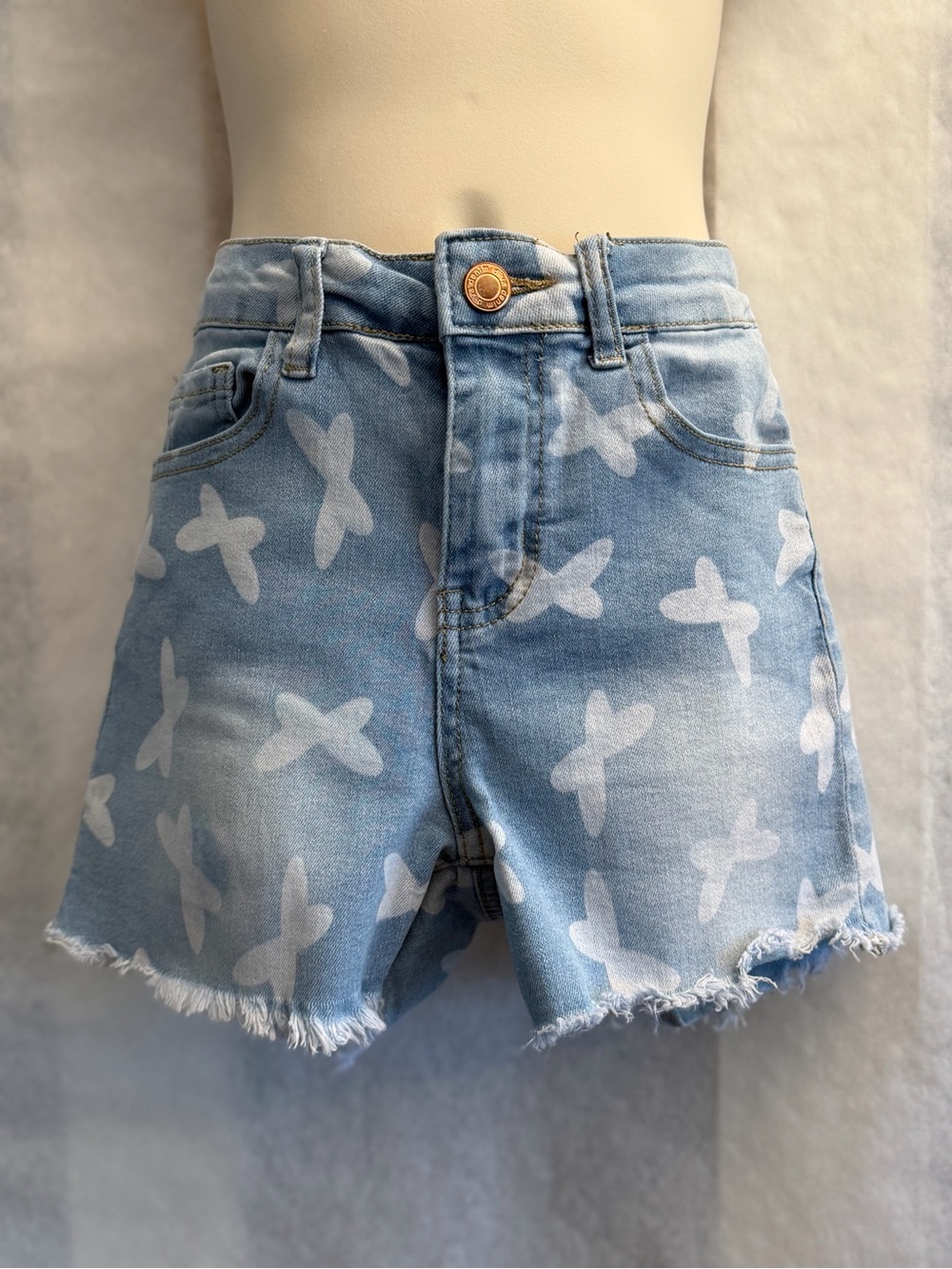 Girls' Light Blue butterfly Printed Denim Shorts with Frayed Hem Sz-12. A12‎